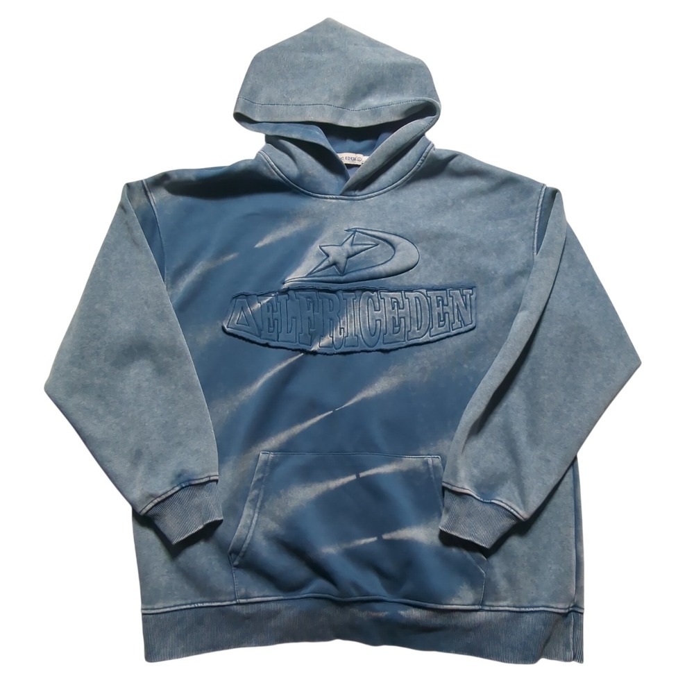 Aelfric Eden Mens‎ Blue Acid Wash Embossed Logo Hoodie Sweatshirt Size Large EUC